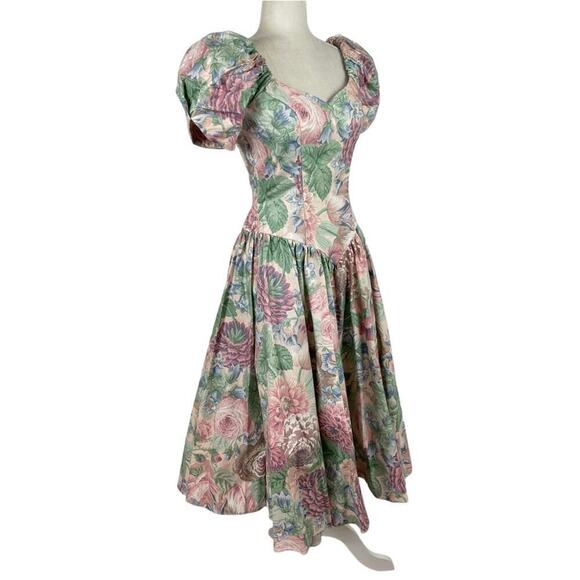 Vintage House of Bianchi Floral Victorian Prairie Midi Puff Sleeve Corset Dress - Picture 3 of 15